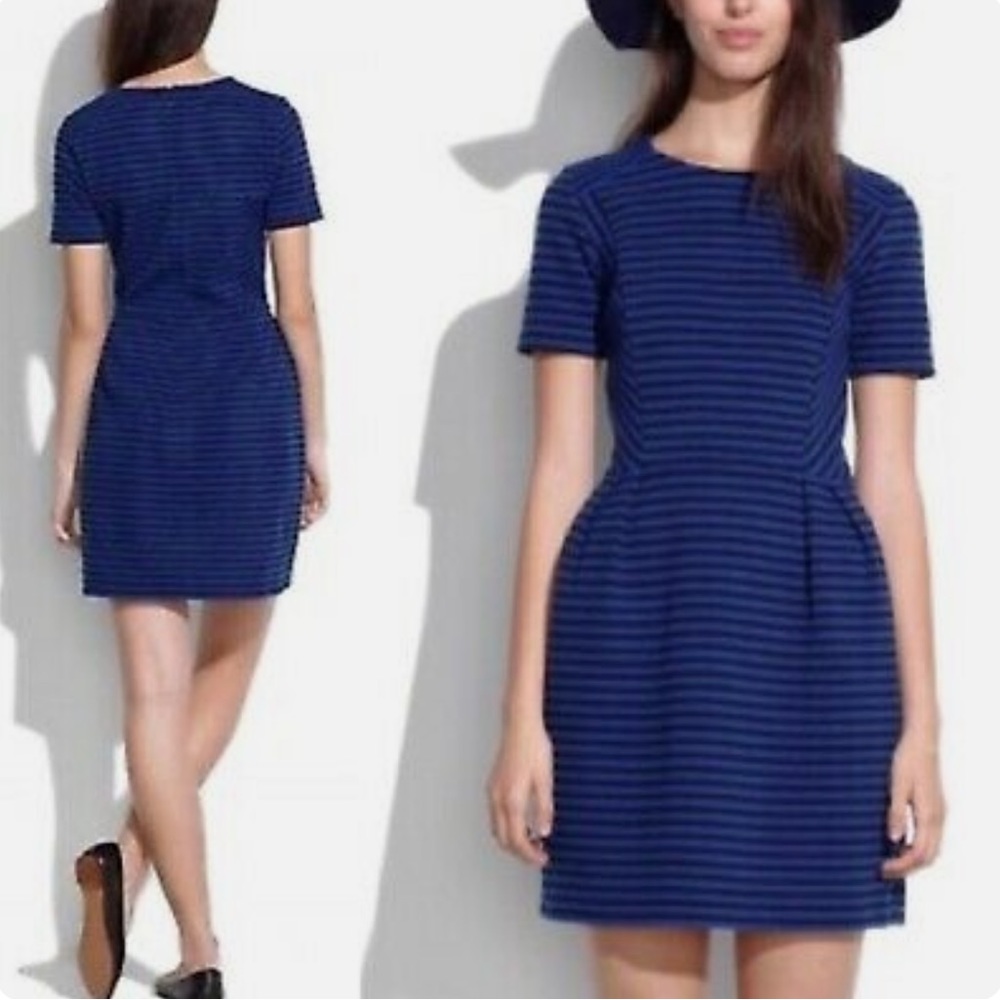 Madewell Gallerist Black and Blue Stripe Ponte Fit and Flare Dress Pockets SZ 2